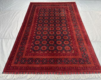 7x10 ft Vintage Afghan Hand Knotted Kunduzi Rug Soft wool Red and Navy Large Area Rug Tribal Oriental One of a Kind Decor | Living room Rug