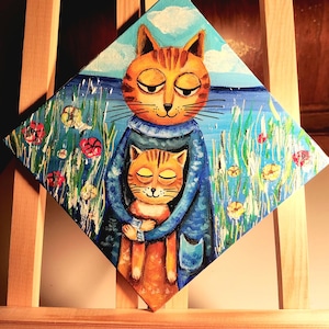 Two Cats Original Painting on Canvas on Cardboard Unique Decor miniature 15 x 15 cm (6 x 6 in) personalized Gift and nursery decor
