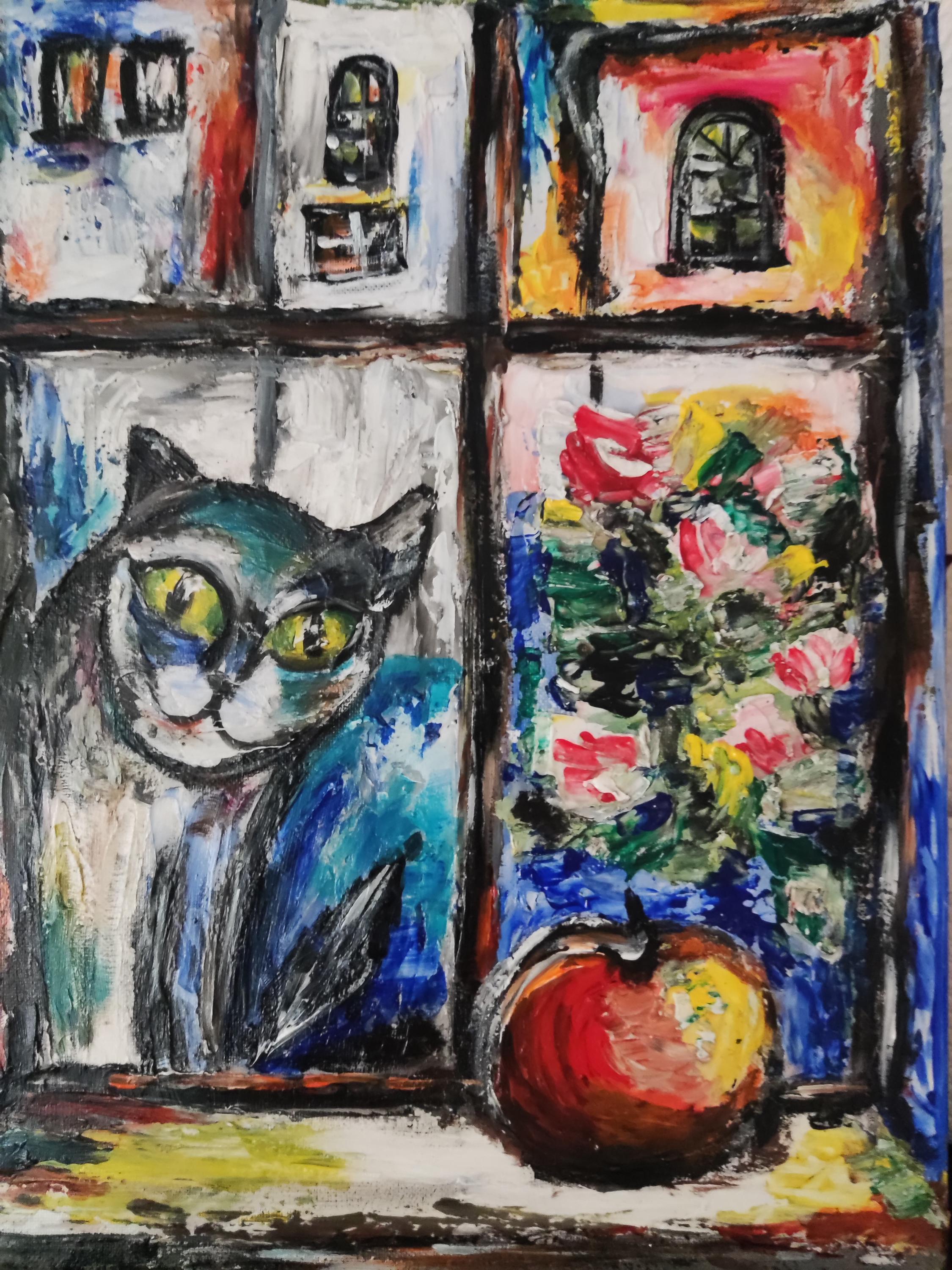 窓辺の猫 オリジナルテクスチャアクリル絵画 キャンバス 3Dインパソ