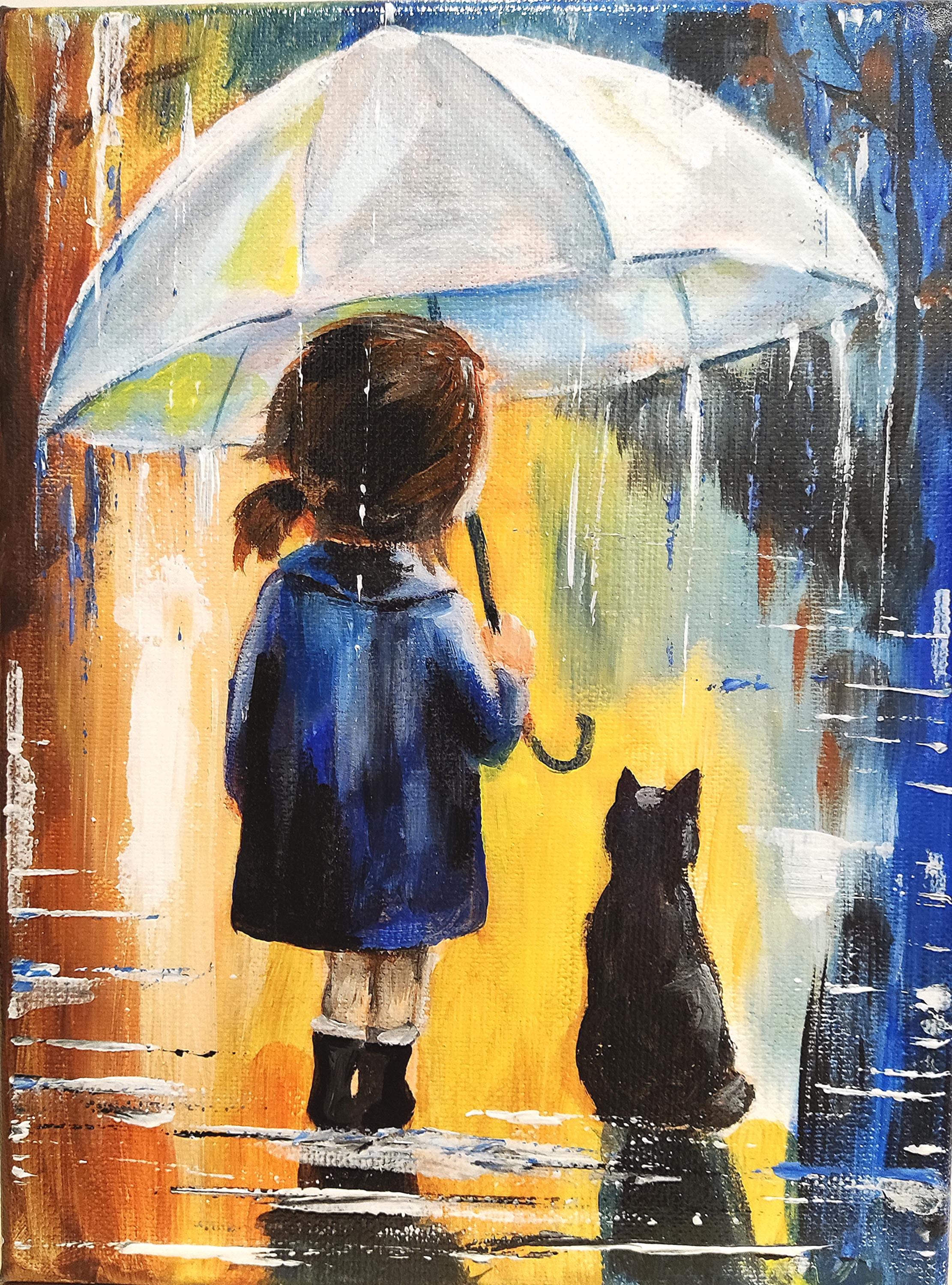 猫と傘を持った少女 オリジナルアクリル画 キャンバス 18 x 24 cm (7 x