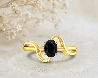Ring aus schwarzem Obsidian, handgefertigter, vergoldeter Ring, Naturkristallschmuck, Jahrestagsgeschenk für Frauen