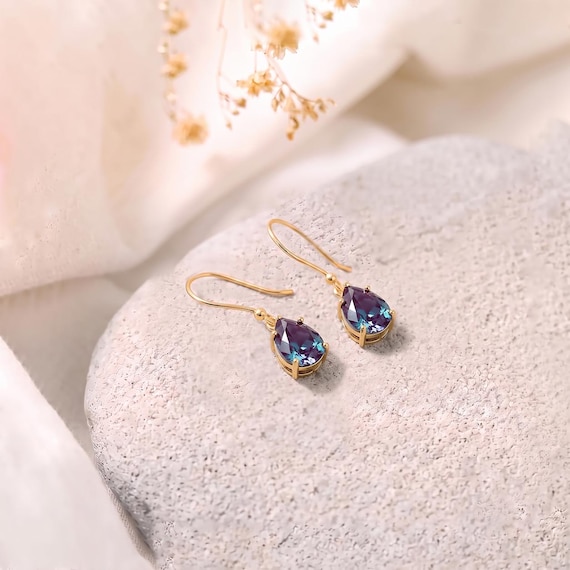 Alexandrite Pear Shape Earring, Faceted Dangle Drop Earrings, Color Changing Gemstone Jewelry, 18K Gold Filled Sterling Silver, Gift for Her