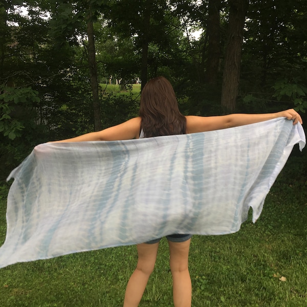 Soft Blue & White Shibori Dyed Shawl/Wrap/Scarf - Very Light Weight, Sheer  100% Cotton - BOHO Style - Spring Summer Evenings - 72 X 28 Inch