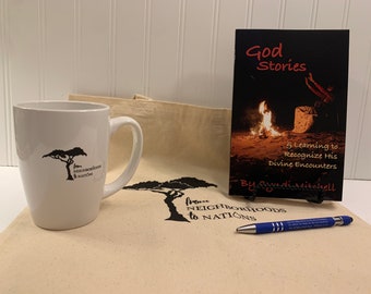 Fundraiser project to raise money for wells, God Stories Book w/real stories of God's faithfulness, book bag, coffee mug and pen