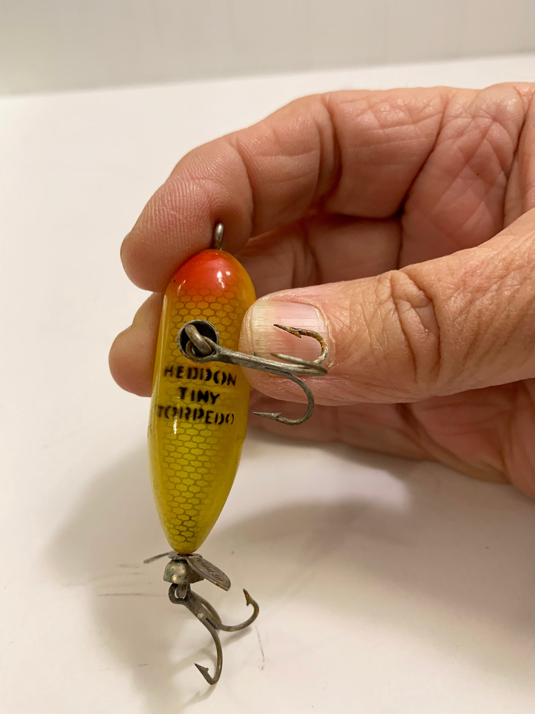 Vintage Fishing Lures - 1 7/8 Heddon Tiny Runt and 2 1/4 Hedden