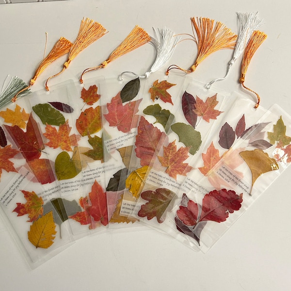 Fall Leaves Colorful Laminated Book Marks, Scripture- Let the trees of the field sing... 9 to choose from - 3 X 6 inches plus tassle