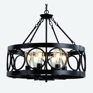 May include: Black metal chandelier with a circular design, featuring clear glass shades and exposed light bulbs. The fixture has a decorative ring pattern and is suspended by chains. The overall design is industrial and modern.