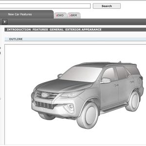 Peut inclure: Une représentation 3D en niveaux de gris d'un SUV est affichée sur fond blanc. Le véhicule est présenté de trois quarts avant, mettant en évidence son design. L'image fait partie d'un document technique.