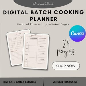 Könnte beinhalten: Digitaler Batch-Kochplaner auf einem Tablet, mit undatierten und verlinkten Seiten. Das Bild zeigt eine Kalenderansicht und ein Essensplan-Layout. Das Canva-Logo ist sichtbar, zusammen mit dem Text "24 Seiten" und einer "Shop Now"-Schaltfläche.