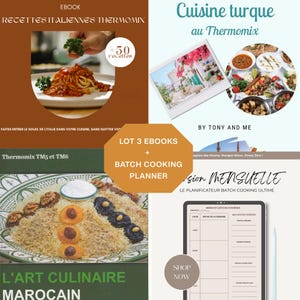 Könnte beinhalten: Werbebild für digitale Kochbücher mit italienischen, türkischen und marokkanischen Rezepten sowie einem Batch-Cooking-Planer. Das italienische Kochbuch enthält über 50 Rezepte. Der Planer wird auf einem Tablet angezeigt.