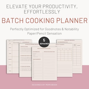 Peut inclure: Un planificateur de cuisine par lots avec le texte "ELEVATE YOUR PRODUCTIVITY, EFFORTLESSLY" et "BATCH COOKING PLANNER". Le planificateur comprend des sections pour la planification des repas, les listes de courses et les fiches de recettes. Le texte "5 SEMAINES" est également visible.