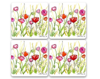 Poppies Forever Hardboard Cork Backed Funny Coaster Set of 4, Best Friends Gift