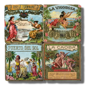 May include: Four vintage cigar box labels with gold trim and colorful illustrations. The labels feature the names "La Rosa Havanesa", "La Vigorosa", "Puerto Del Sol", and "La Caoba".