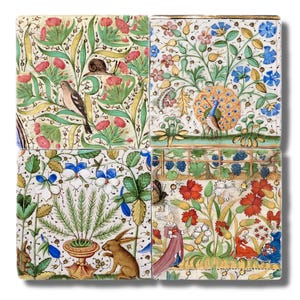 May include: Four square ceramic tiles with detailed floral and fauna designs. Each tile features a different scene with birds, a snail, a peacock, a rabbit, and figures. The tiles are in a variety of colors including red, green, blue, and gold.