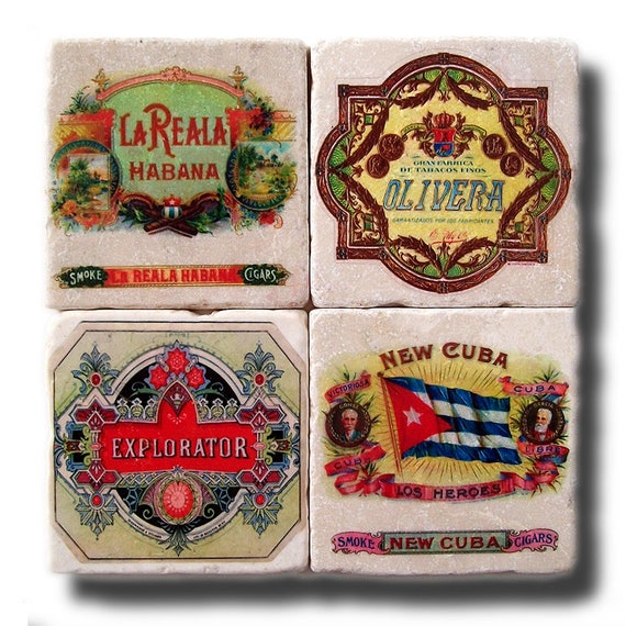 cuban cigar label art coasters stone coasters tumbled marble etsy