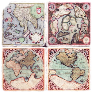 May include: Set of four vintage-style maps, each depicting a different region of the world. The maps are printed on a textured paper with a faded, antique look. The maps are framed in a decorative, ornate border.