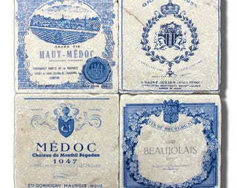 Marble Coasters, "French Blue" Vintage Wine Label Stone Coasters