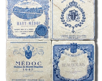 Marble Coasters, "French Blue" Vintage Wine Label Stone Coasters