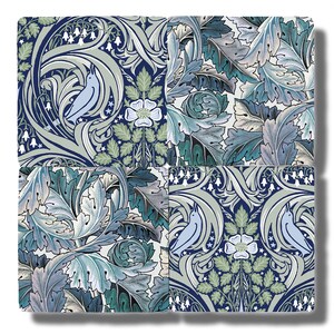 May include: Four square tiles with a repeating floral pattern in shades of blue, green, and gray. The design features stylized leaves, flowers, and birds. The tiles are arranged to create a larger square image.
