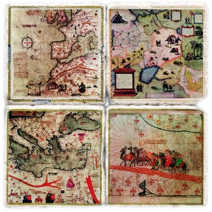 May include: Set of four vintage-style coasters featuring antique maps of various regions. Each coaster is made of a light beige stone with a slightly textured surface. The maps are printed in shades of brown, green, red, and blue, with intricate details and handwritten text.