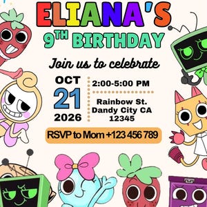 Op de afbeelding: Een kleurrijke verjaardagsuitnodiging met de tekst "ELIANA'S 9th BIRTHDAY". De uitnodiging bevat cartoonfiguren, een regenboog en de datum: 21 oktober 2026, van 14:00 tot 17:00 uur. RSVP naar Mama.