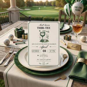 Puede incluir: Una tarjeta de invitación de cumpleaños rectangular con fondo crema y texto verde oscuro. La tarjeta presenta el texto Matt turns THIR-TEE, una ilustración de un cóctel de pelota de golf y los detalles del evento para el 1 de abril a las 7 PM.