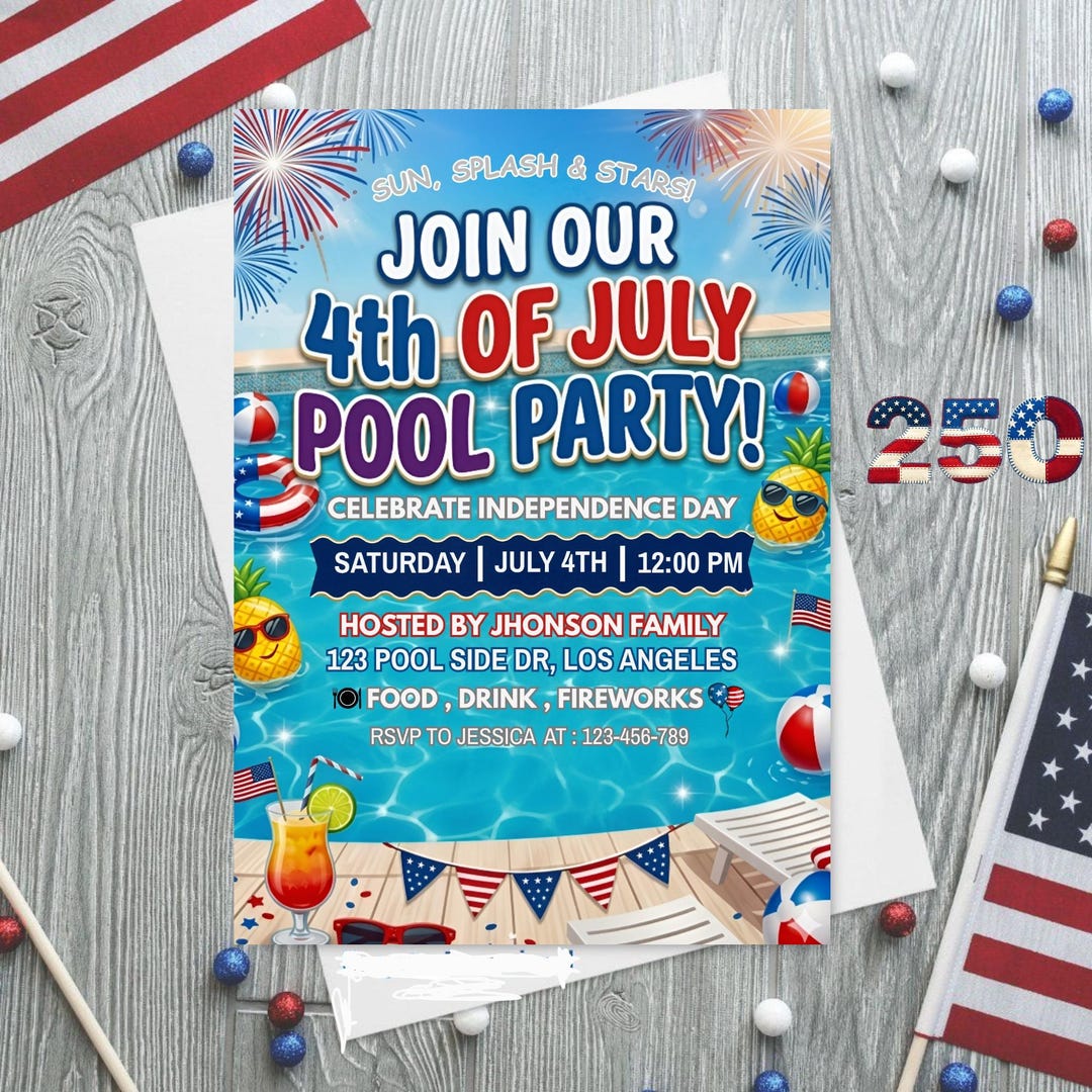 4th of July Pool Party Invitation Template, Red White Blue Patriotic ...