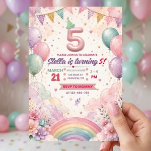 Inbjudan till 5-årsdagsflicka | Fantastiska fem rosa fjärilsblommor för fest | Födelsedagsflicka | Redigerbar Canvas-mall | Direktnedladdning