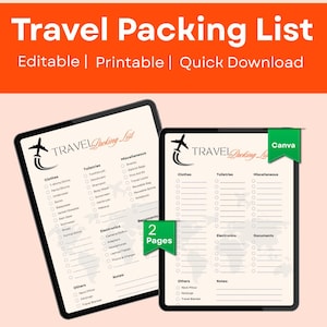 Editable Travel Packing List Canva Template,Packing List for Women,Vacation Checklist PDF,Travel Documents,Clothes,Toiletries,Quick download