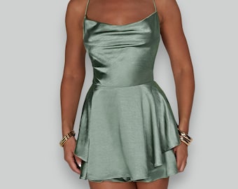 Mini robe salopette, col bénitier à volants, robe sans manches dos nu à bretelles fines, jolie tenue d'été, cadeau pour elle