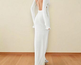 Backless Knit Maxi Dress, Long Sleeve Slim Fit with Ruffled Hem, Elegant Outfit
