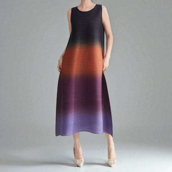 Ombr Pleated Maxi Dress, Sleeveless A-Line Dress, Minimalist Style Ombr Pleated Maxi Dress, Sleeveless A-Line Dress, Minimalist Style