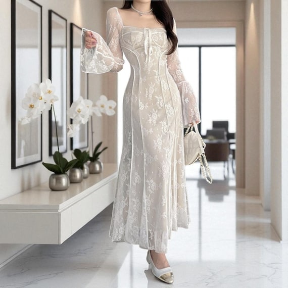 White Lace Midi Dress, Bell Sleeves, Romantic Elegant Style