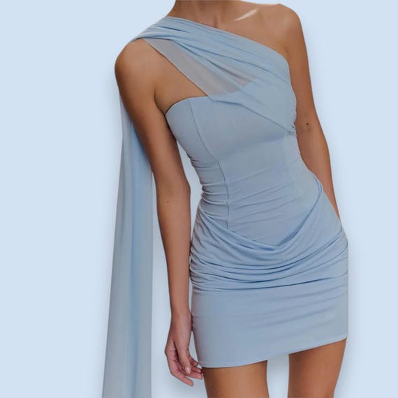 draped a line mini dress Draped Mini Dress with Train 6 / NOIR