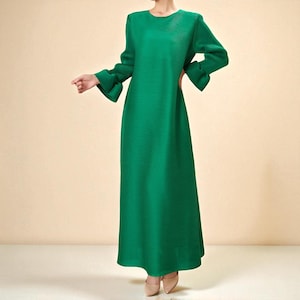 Modest Maxi Dress, Long A-Line Dress with Puff Sleeves & Crew Neck, Solid Color Loose Fit for Elegant Casual Wear, Gift For Her