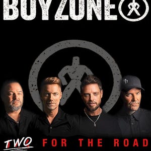 Op de afbeelding: Promotieposter voor Boyzone's "Two for the Road" tour. De afbeelding toont vier mannen tegen een zwarte achtergrond, met de bandnaam bovenaan. De tourtitel staat onderaan, met de woorden "The Worldwide Exclusive".