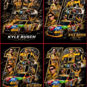 Pode incluir: Obra de arte de quatro painéis com um carro de corrida com o número 18 e o logotipo da M&M's. A obra de arte inclui imagens de Kyle Busch, o texto "In Memory of Kyle Busch 1985-2026" e a palavra "Camry."