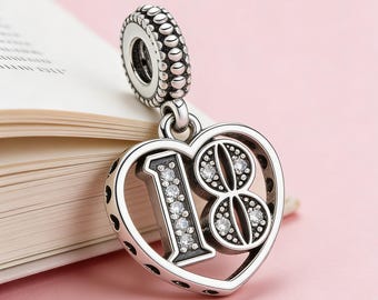 Sterling Silver 18th Birthday Dangle Charm with Heart Outline, Beaded Bail & Sparkling Stones – Coming-of-Age Gift for Her Bracelet