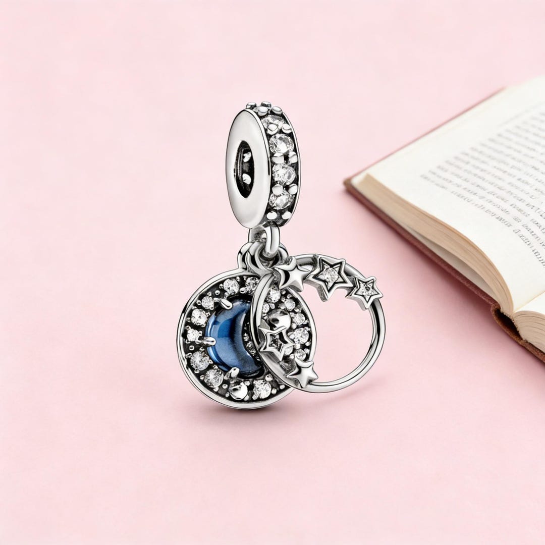 Dark Blue Night Sky Star and Moon Pendant,925 Sterling Silver Charm ...