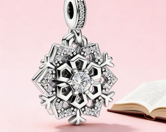 輝くスノーフレークダブルダングルチャーム、925スターリングシルバーチャーム、パンドラブレスレットに対応、インスピレーション、女の子や女性へのプレゼントに最適