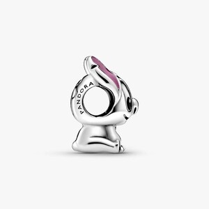 May include: A silver charm in the shape of a rabbit, with a pink accent on its ear. The charm has a hole for threading onto a bracelet or necklace. The word "Pandora" is engraved on the side.