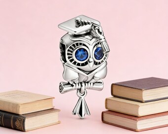 Charm de graduación de búho sabio, charm de plata de ley 925, compatible con pulseras Pandora, inspirado en el regalo perfecto para niñas y mujeres.