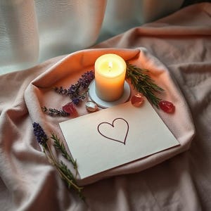 May include: A burning candle on a white coaster is placed on pink fabric, with lavender, rosemary sprigs, and crystals. A white card with a heart drawing is in front of the candle, creating a romantic and serene scene.