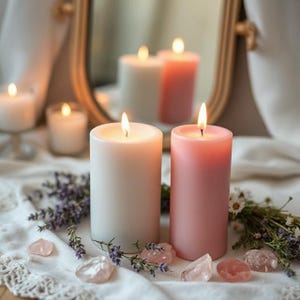 Könnte beinhalten: Zwei brennende Säulenkerzen, eine weiße und eine rosa, stehen im Mittelpunkt dieses Bildes. Die Kerzen sind von kleinen Kristallen, Lavendelzweigen und anderen Kerzen im Hintergrund umgeben. Ein Spiegel reflektiert die Kerzen.