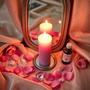 Könnte beinhalten: Eine brennende rosa Kerze mit Farbverlauf steht auf einem kleinen Spiegelständer, neben einer kleinen Flasche und einem Spiegel. Rosa Rosenblätter und eine Rose sind um die Kerze verstreut und schaffen eine romantische und dekorative Szene.