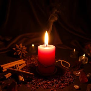 Pode incluir: Uma vela vermelha acesa com uma chama amarela brilhante, rodeada por paus de canela, anis estrelado e outros elementos decorativos. Volutas de fumo elevam-se da vela, criando uma atmosfera acolhedora. A cena é definida contra um fundo escuro e texturizado.
