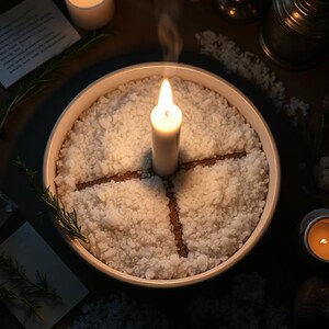 May include: A burning white candle in the centre of a circular, off-white dish filled with coarse white salt. The salt is divided into four sections by brown lines. Rosemary sprigs and other candles create a mystical atmosphere.