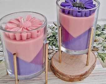 Velas artesanales - cera de soja natural - aroma a violetas - con soporte - Morado y rosa