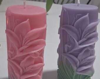 Handmade Carved Flower Pillar Candle -Luxury Home Decor - Floral Sculpture Candle - Unique Gift