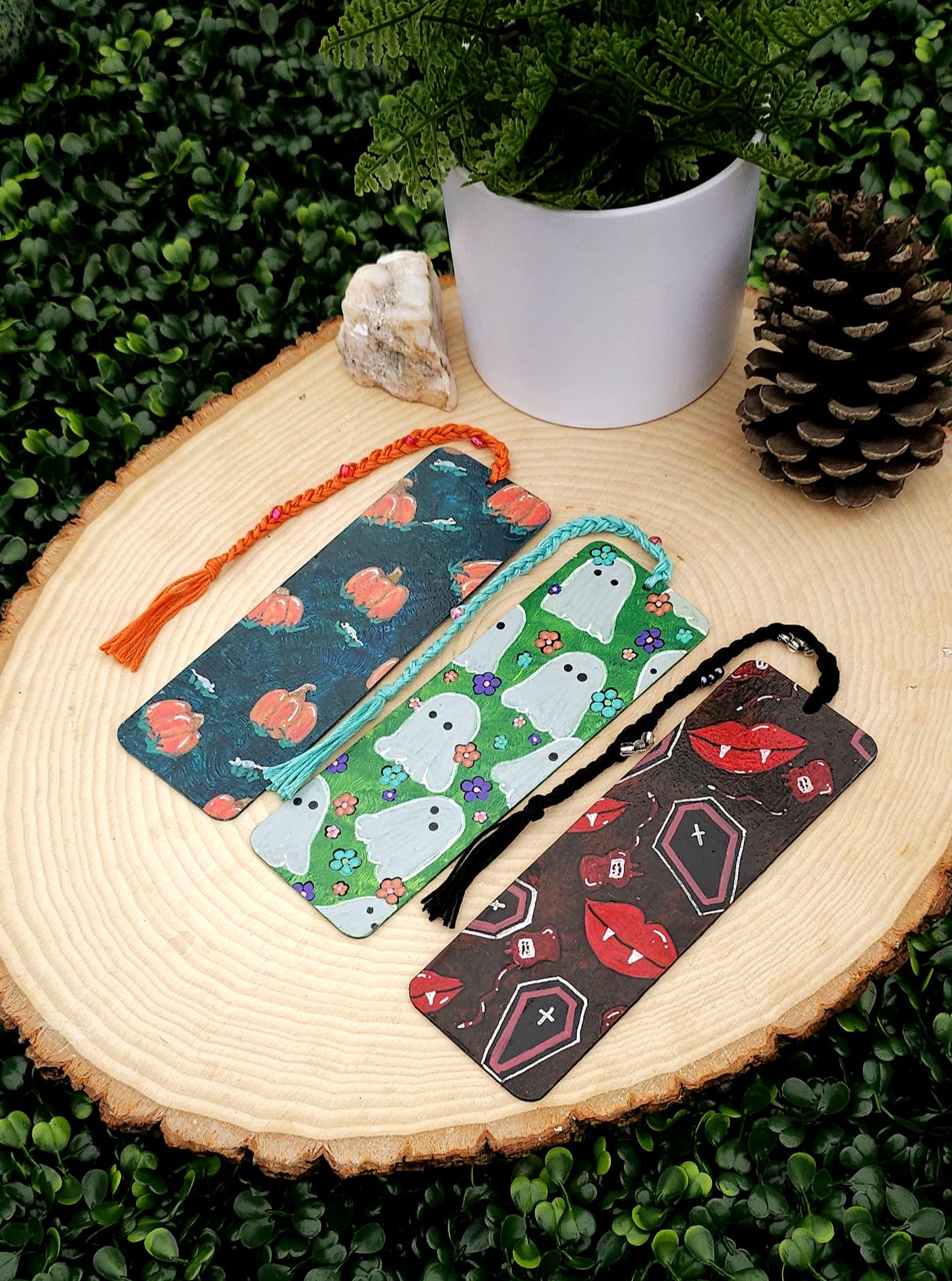 Hand-Painted Spooky Wooden Bookmark: Ghosts, Pumpkins & Vampires